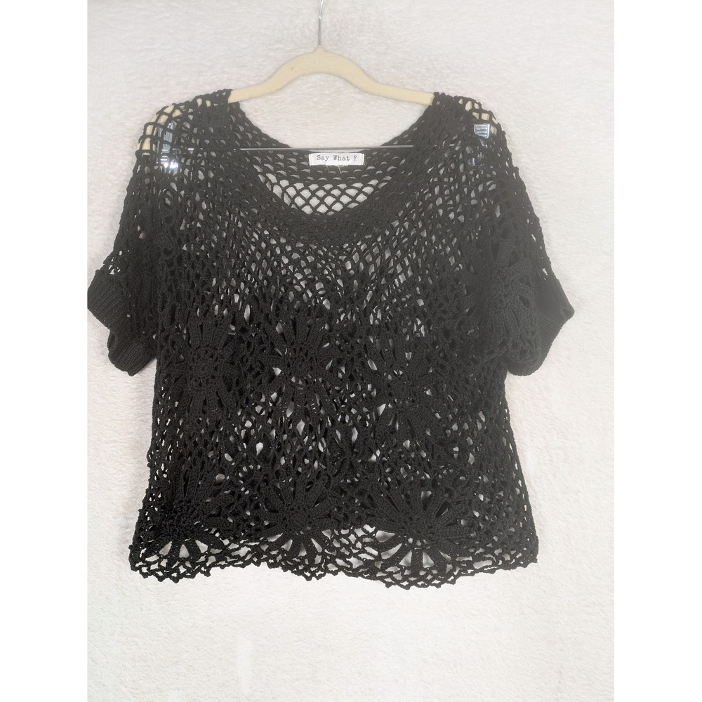 Say What? Crochet Top Women's Large Black Short Sleeve Open Knit V-Neck Floral
